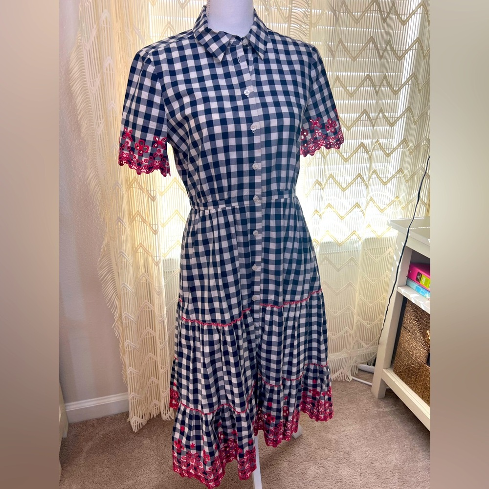 Draper James Midi Gingham Button Shirt Dress Embroidered Sz 6 Navy White Pink